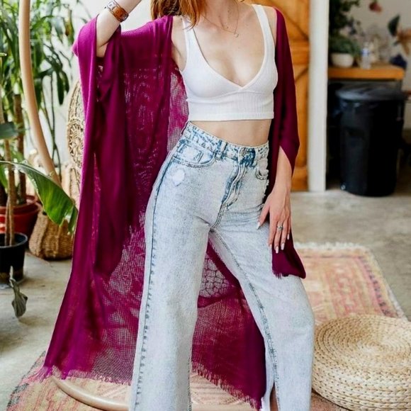 Magenta Frayed Kimono Open Grid Fabric One Size Fits Most Casual - Picture 2 of 4